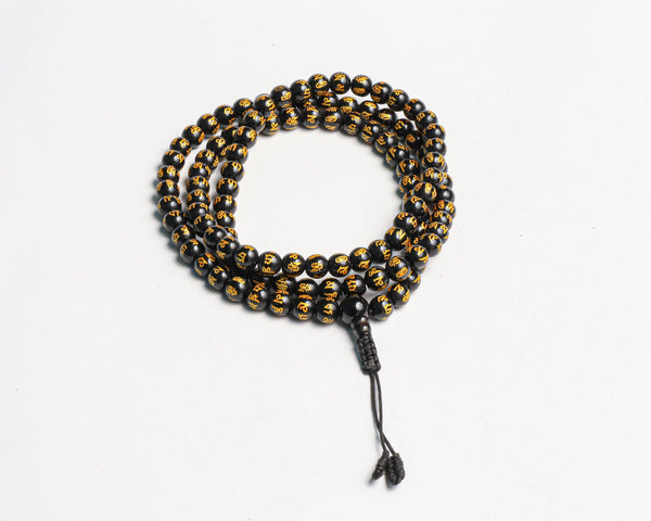 Tibetan Mantra Carved Black Onyx Stone Hand Knotted Mala Prayer Bead Mala