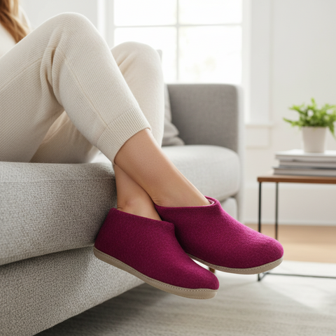 HUGE BAZAAR handmade magenta wool indoor shoes with suede soles worn by a person relaxing on a grey sofa.