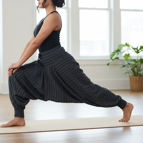 HUGE BAZAAR silver striped khaddar harem yoga trousers on a woman in a lunge pose on a yoga mat
