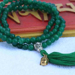 Jade Stone Prayer Mala With Buddha Head & Tassel