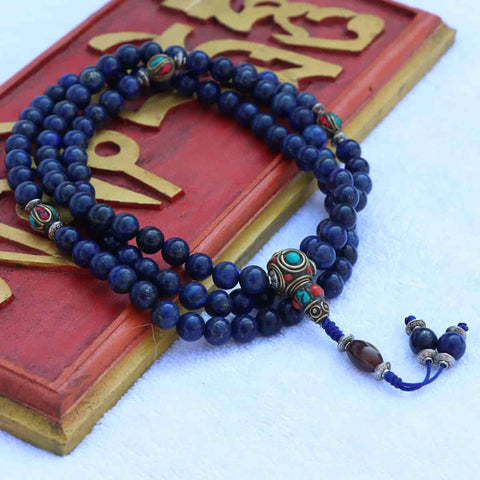 Lapis Lazuli Stone Prayer Mala With Inlaid Brass Beads