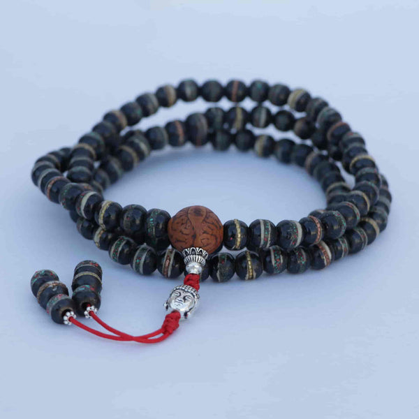 Antique Bodhi Inlaid Yak Bone Prayer Mala