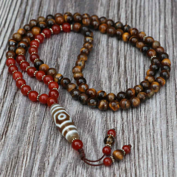 3 Eye Dzi Tiger Eye Prayer Meditation Mala With Carnelian Stone